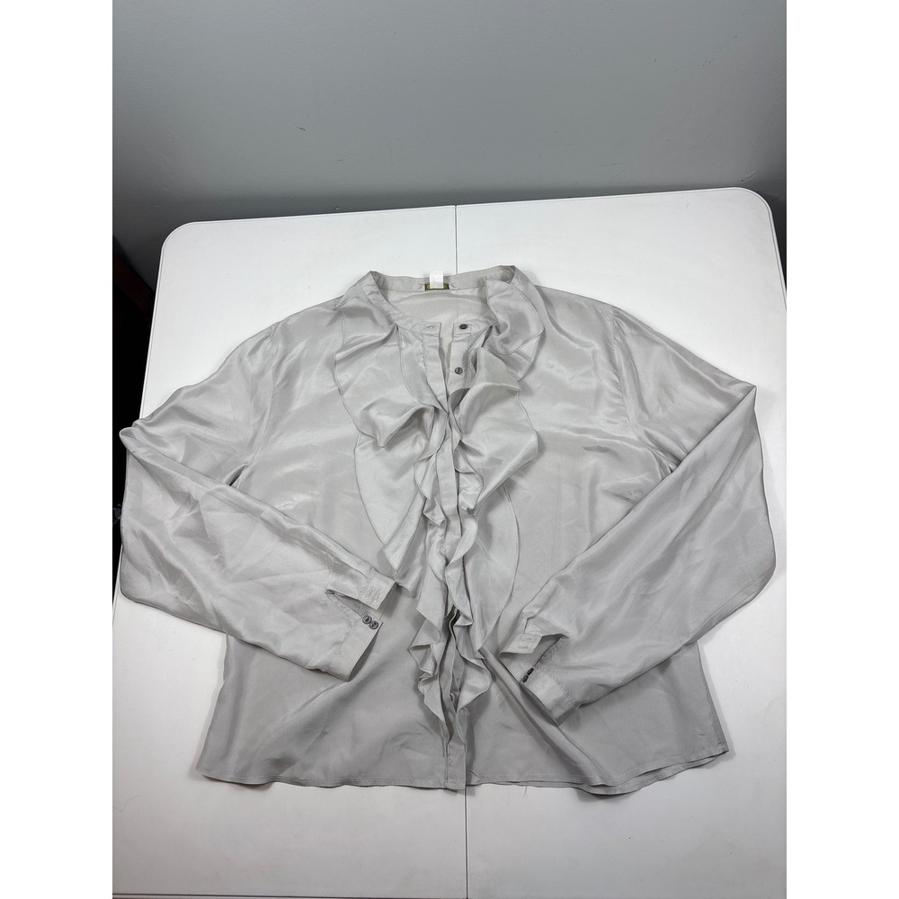 Garnet Hill 100% Silk Ruffle Front Blouse Gray Long Sleeve Womens 18‎
